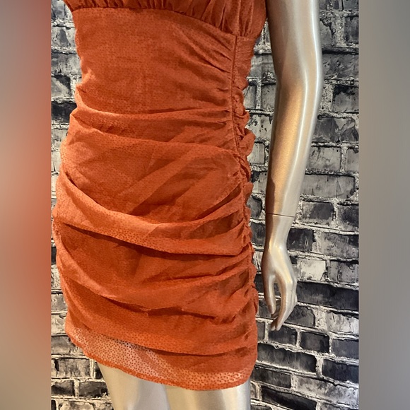 Rust Orange Burnout Velvet Ruched Mini Dress - Picture 8 of 11